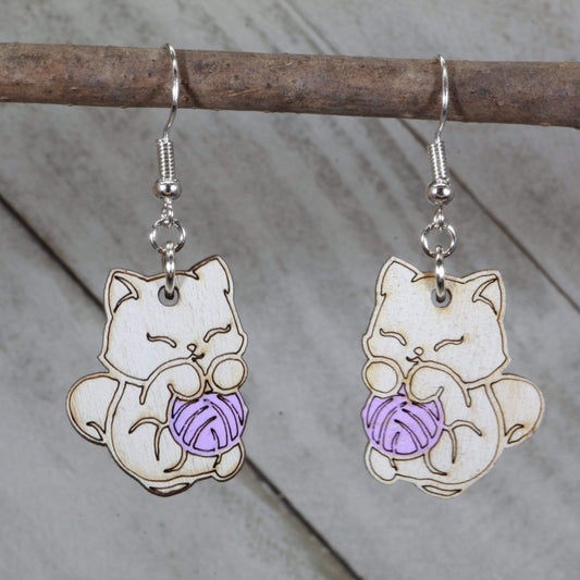 Cat and Yarn Wooden Earrings | Cute Cat Lover Pet Jewelry