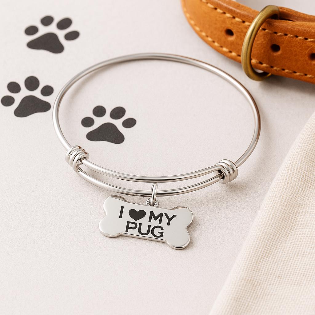 I Love My Pug Bracelet Stainless Steel Adjustable Bangle With 15x25mm Bone Charm, Dog Lover Jewelry Pug Mom Gift Pet Owner Present