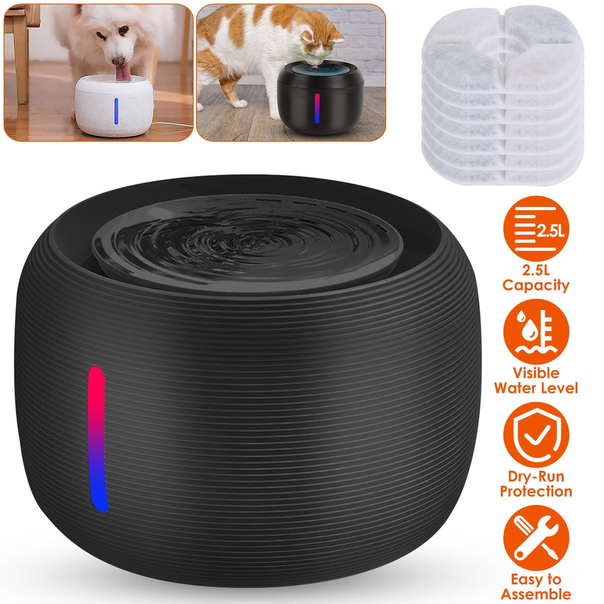 2.5L 84.54OZ Pet Water Fountain Smart Pet Drinking Fountain with LED Light 7 Pack Replaceable Filters Water Level Quiet Pump Dry-Run Protection Cat Do