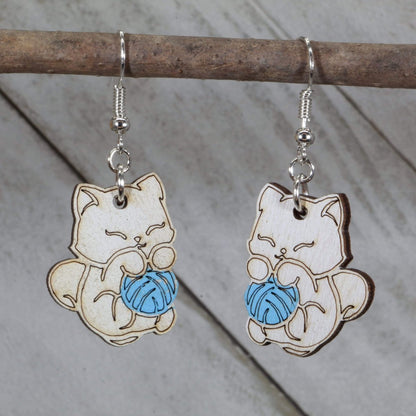 Cat and Yarn Wooden Earrings | Cute Cat Lover Pet Jewelry