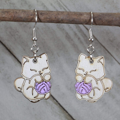 Cat and Yarn Wooden Earrings | Cute Cat Lover Pet Jewelry