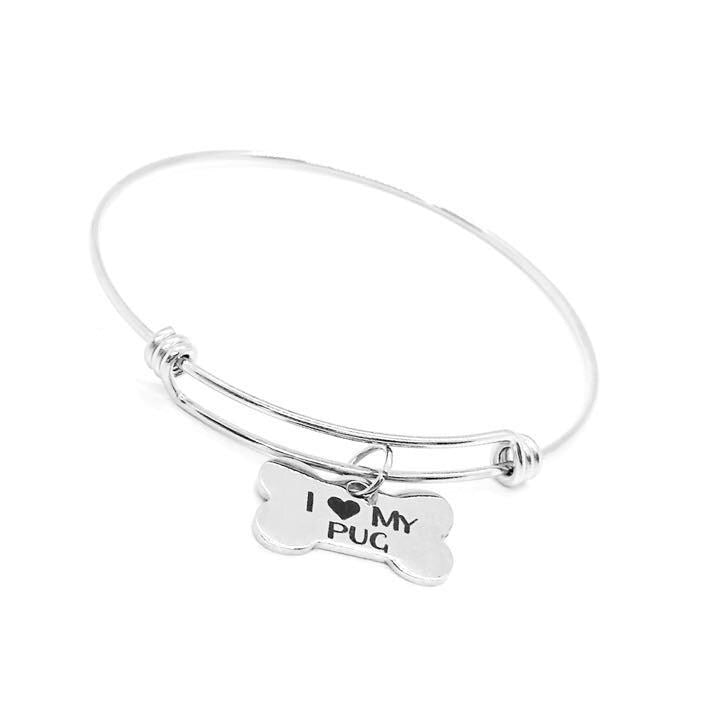 I Love My Pug Bracelet Stainless Steel Adjustable Bangle With 15x25mm Bone Charm, Dog Lover Jewelry Pug Mom Gift Pet Owner Present