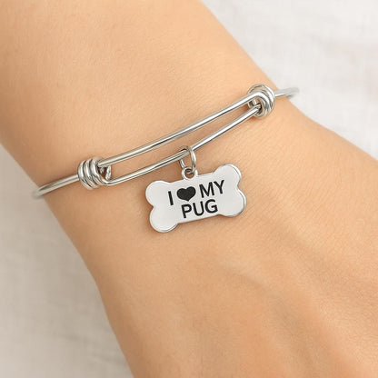 I Love My Pug Bracelet Stainless Steel Adjustable Bangle With 15x25mm Bone Charm, Dog Lover Jewelry Pug Mom Gift Pet Owner Present