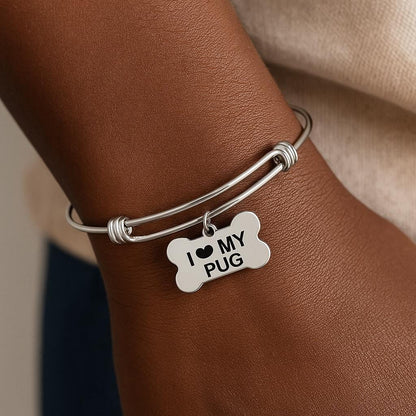 I Love My Pug Bracelet Stainless Steel Adjustable Bangle With 15x25mm Bone Charm, Dog Lover Jewelry Pug Mom Gift Pet Owner Present