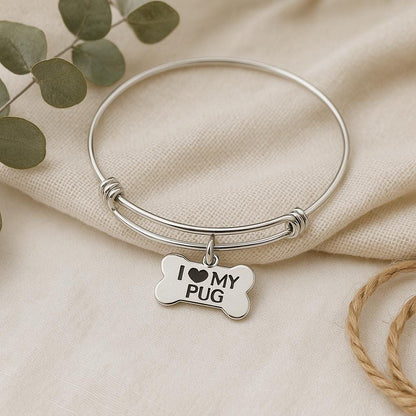 I Love My Pug Bracelet Stainless Steel Adjustable Bangle With 15x25mm Bone Charm, Dog Lover Jewelry Pug Mom Gift Pet Owner Present